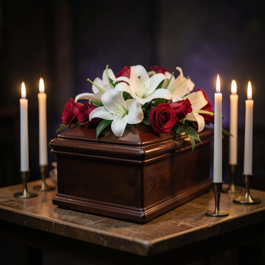 Feierlicher Sarg mit weißen Blumen — die Überführung erfordert sorgfältige Vorbereitung
