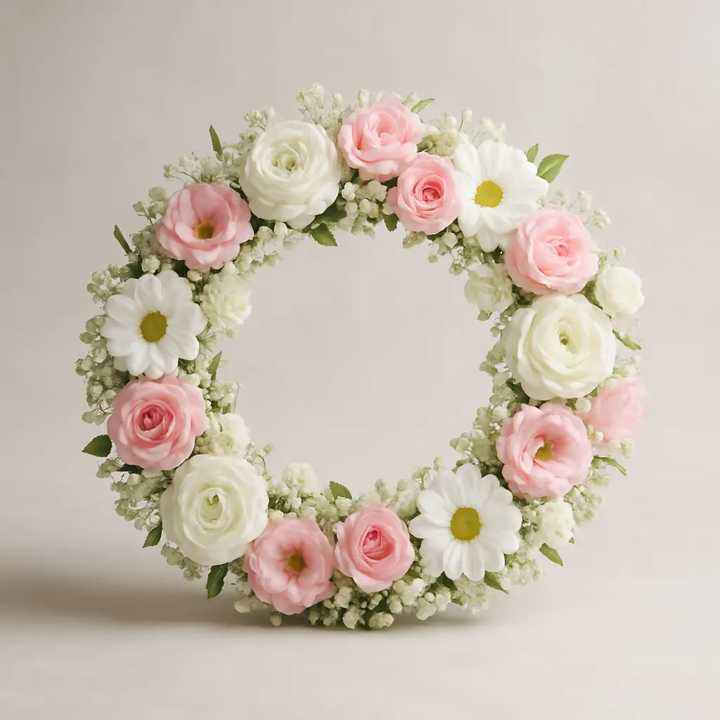 Runder Blumenkranz mit weißen und rosa Blüten in elegantem Arrangement