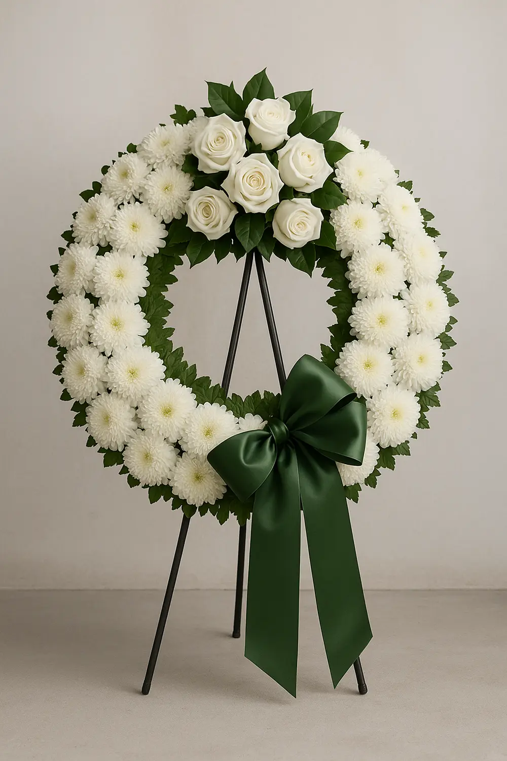 Runder Trauerkranz aus weißen Chrysanthemen mit schwarzem Trauerband