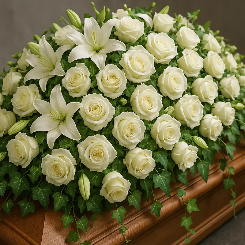 Weiße Rosen und Lilien als Sargdecke auf Holzsarg