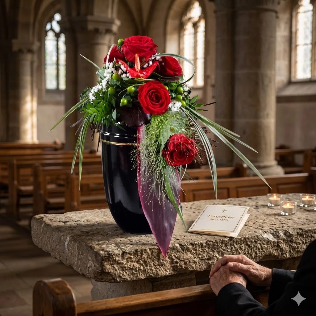 Urnenkrone aus weißen Lilien auf Marmor-Urne