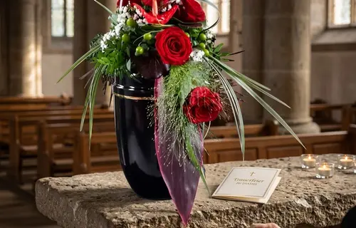 Urnenkrone aus roten Rosen und Grün auf schwarzer Urne in Kirche mit Kerzen und Trauerfeier-Einladung
