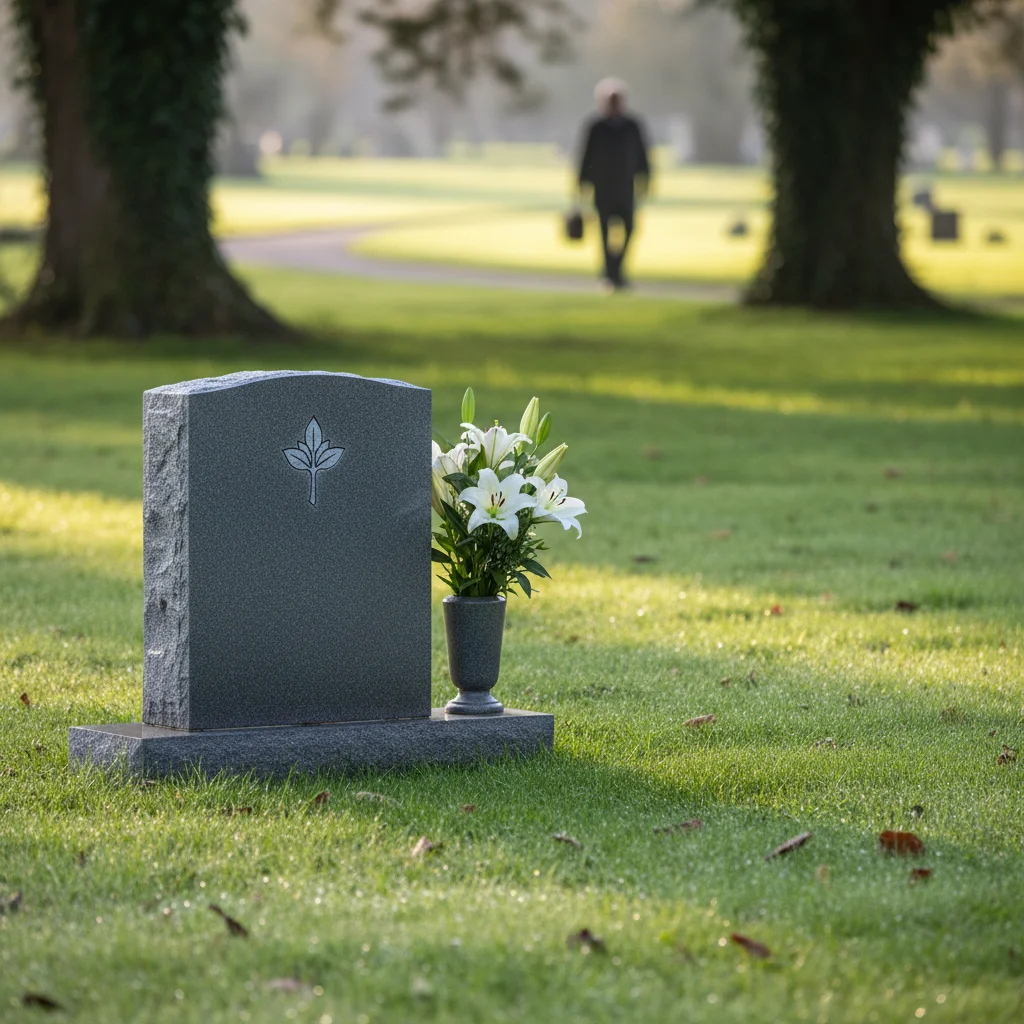 Gepflegtes Grab mit frischen Blumen und Grabstein auf einem Friedhof