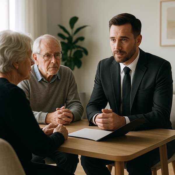 Bestatter berät Familie mit Stift und Unterlagen in professioneller Atmosphäre