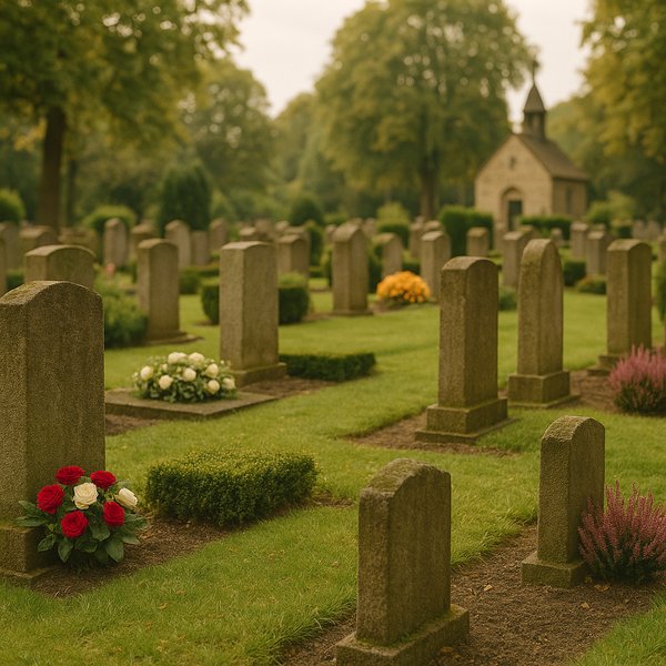 Gepflegter Friedhof mit alten Grabsteinen und Blumen für klassische Erdbestattung