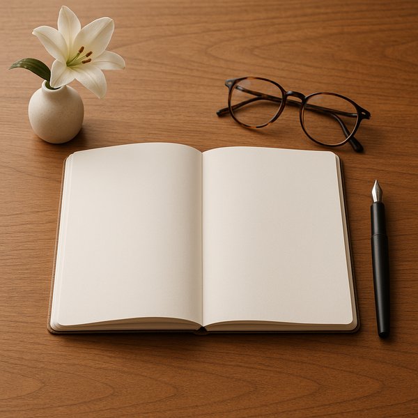 Offenes Notizbuch, Feder und Brille für Bestattungsvorsorge und Planung