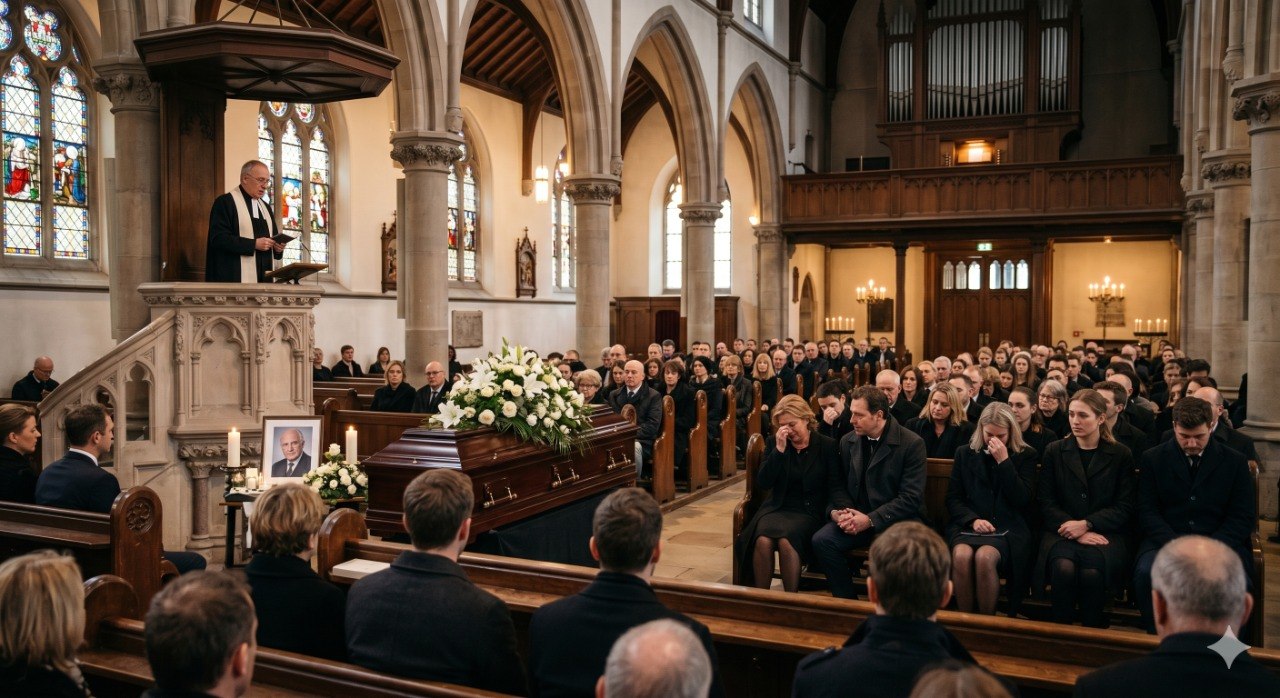 Würdevolle kirchliche Trauerfeier mit Pastor, Sarg und Gemeinde in gotischer Kirche mit Orgel und Buntglasfenstern