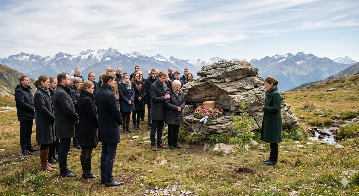 Würdevolle Bergbestattung mit Trauergemeinde in alpiner Landschaft für Naturbestattung