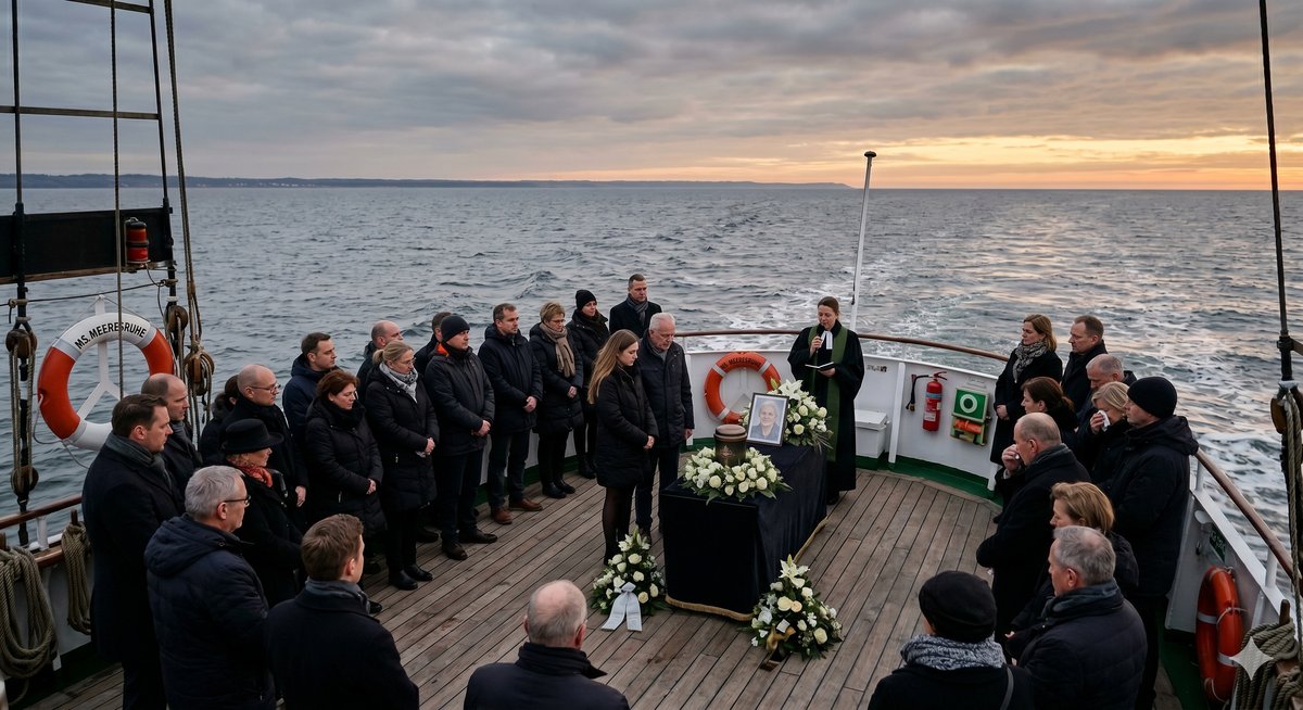 Trauerfeier an Bord des Bestattungsschiffes MS Meeresruhe bei würdevoller Seetrauerzeremonie