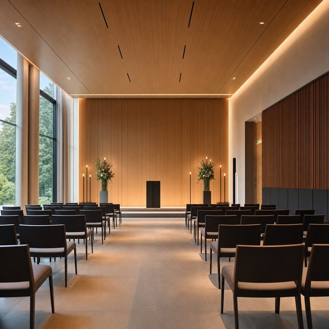 Moderne weltliche Trauerhalle mit Steinwand, Kerzenleuchtern und dunkler Bestuhlung für würdevolle Abschiedsfeier