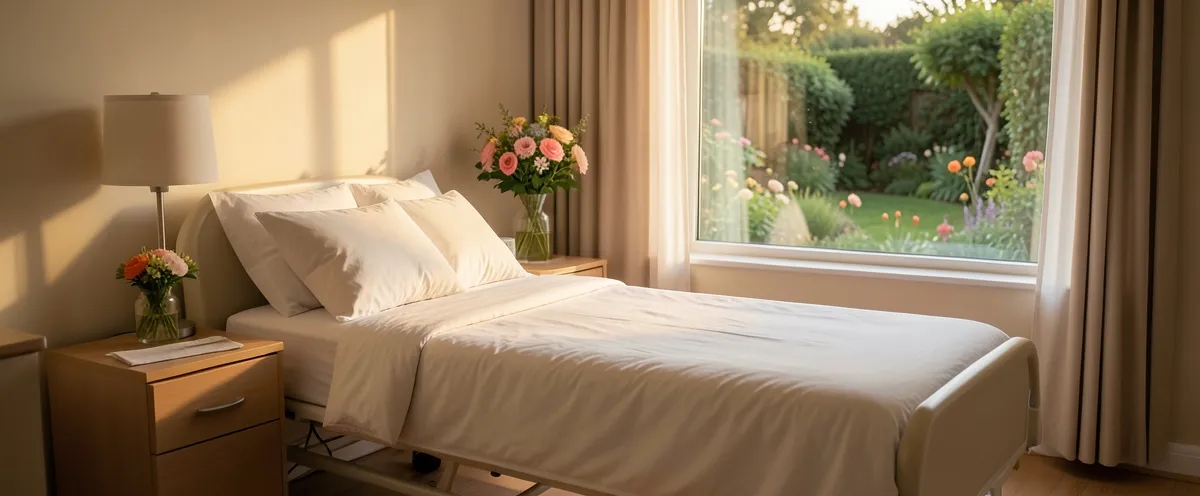 Friedliches Hospiz-Zimmer mit warmem Licht, Pflegebett am Fenster, Blumen auf dem Nachttisch
