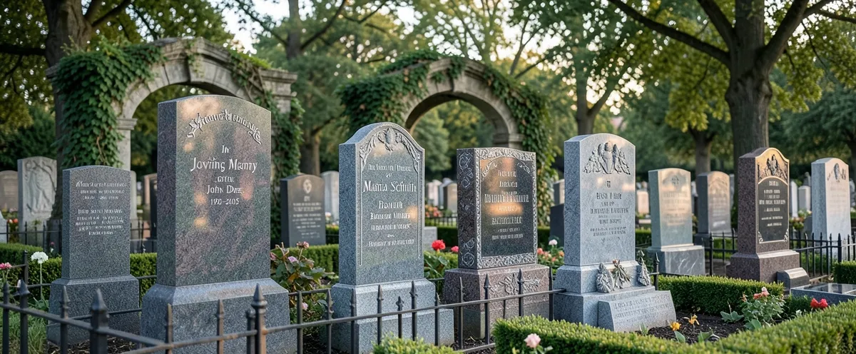 Europäischer Friedhof mit handwerklich gefertigten Granit-Grabsteinen und polierten Grabmalen