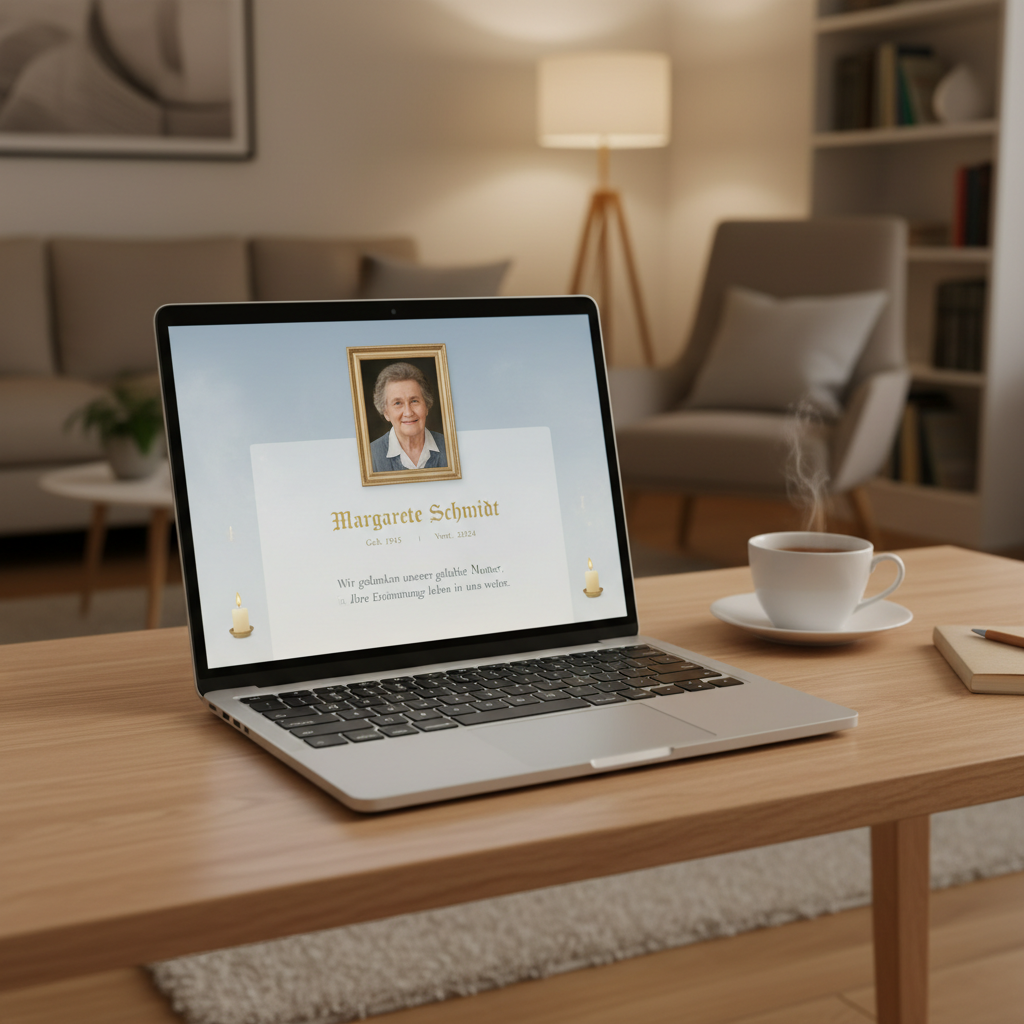 Laptop auf Holzschreibtisch zeigt digitale Gedenkseite mit Foto des Verstorbenen, Text und Kerzen-Symbolen