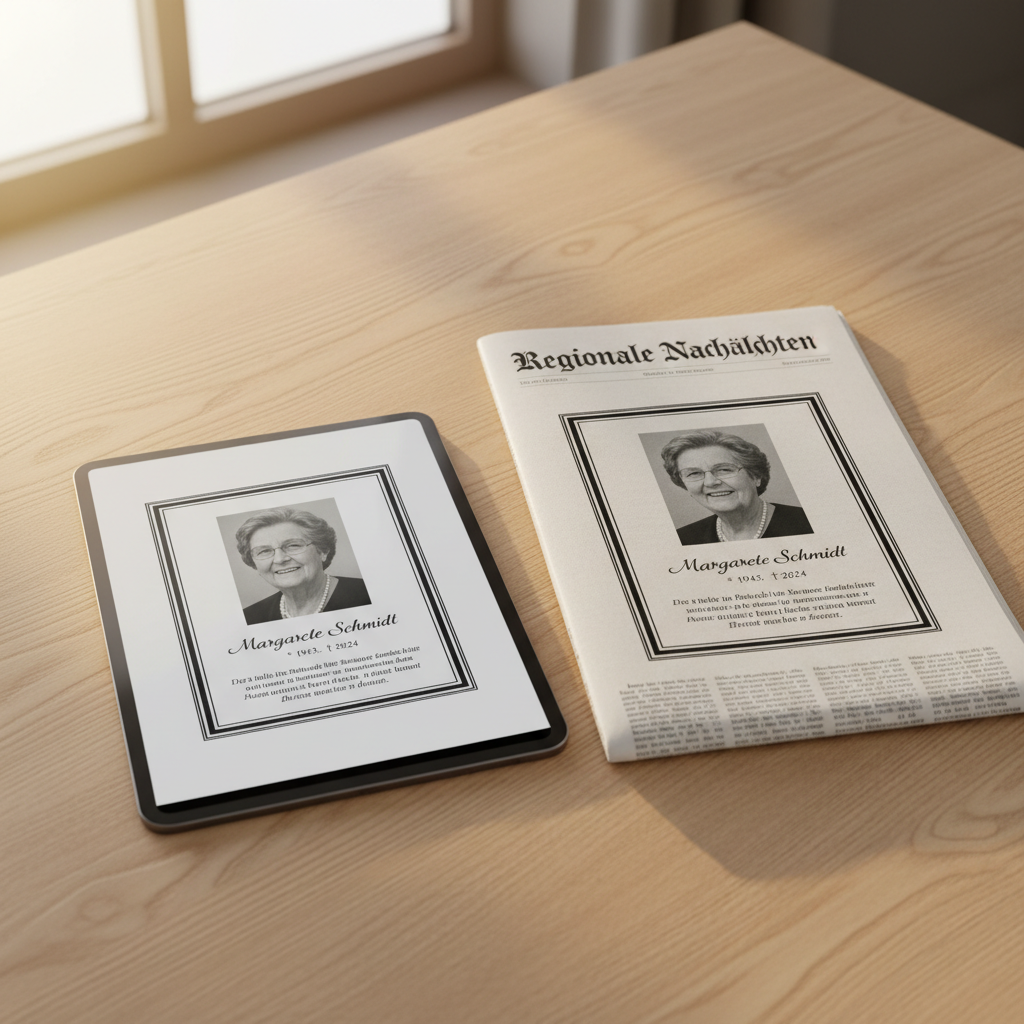 Tablet und gedruckte Zeitung nebeneinander mit derselben Todesanzeige, Vergleich analog versus digital