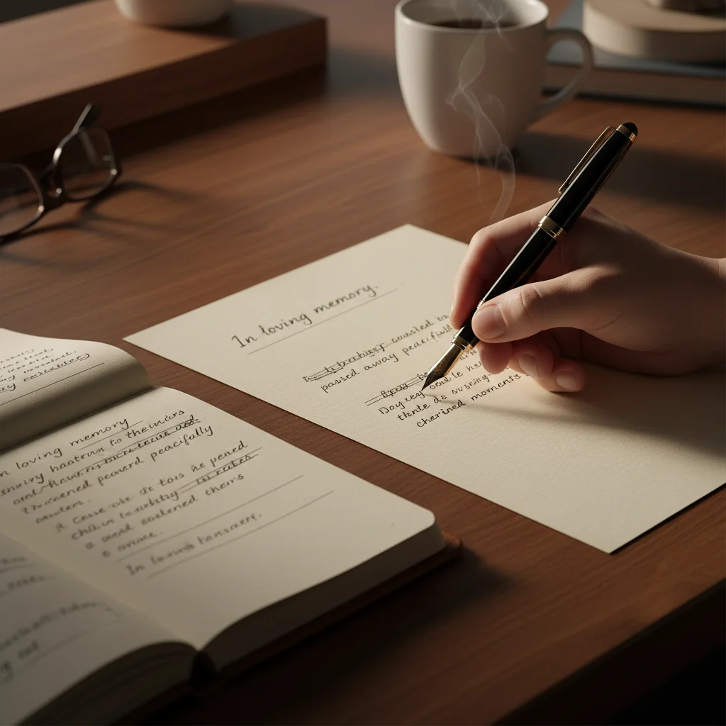 Hand schreibt mit Füllerstift auf hochwertigem Briefpapier neben handschriftlichen Entwürfen für Traueranzeige