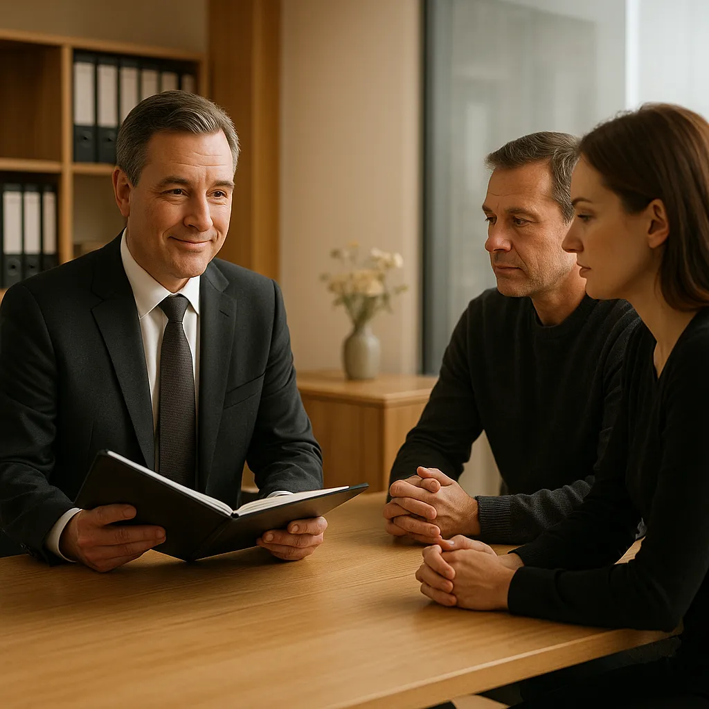 Professioneller Bestatter im Gespräch mit Angehörigen