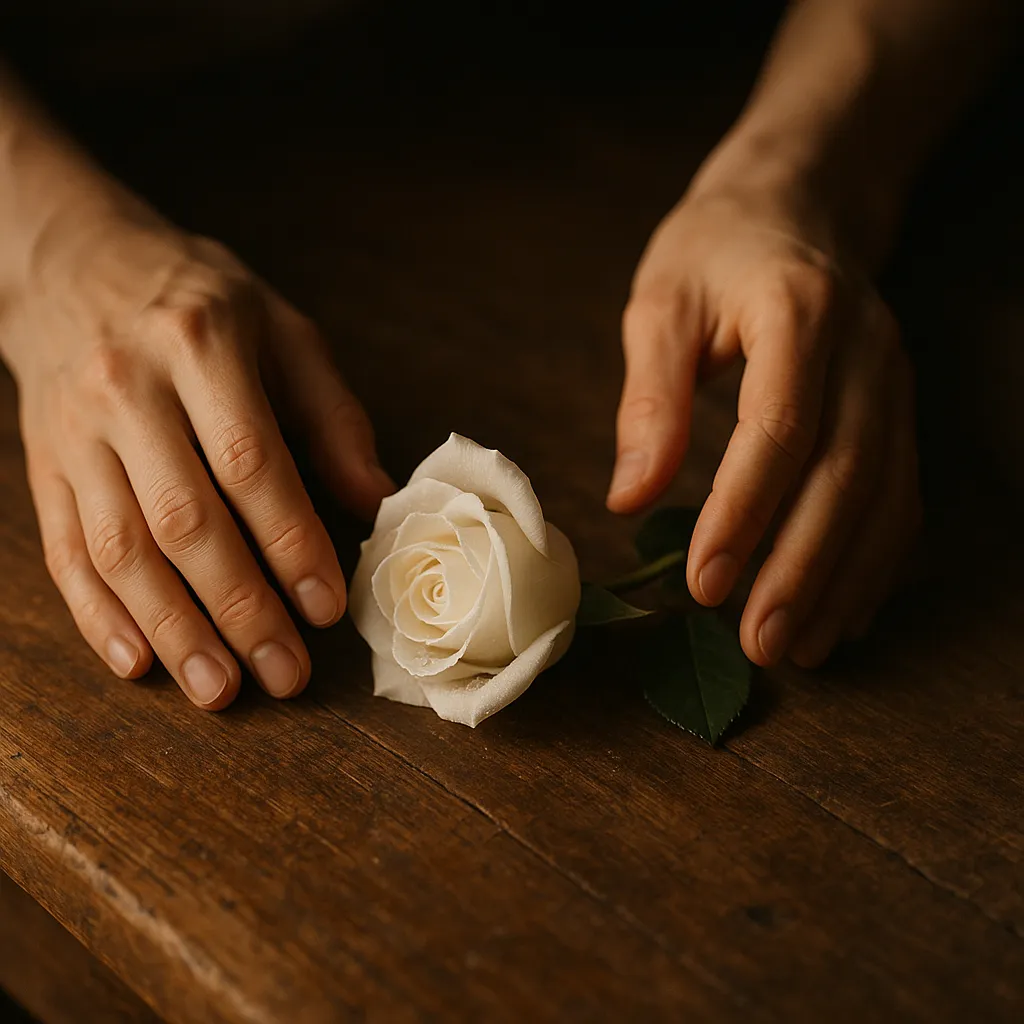 Hände legen weiße Rose auf Holz als persönliches Abschiedsritual bei Trauerfeier