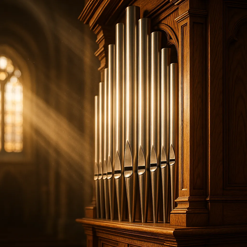 Orgel in einer deutschen Kirche mit sanftem Licht für Trauerfeier