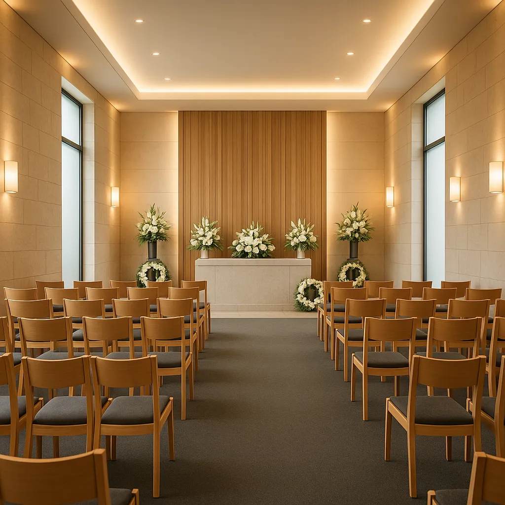 Moderne deutsche Trauerhalle mit warmem Licht und Reihen von Stühlen