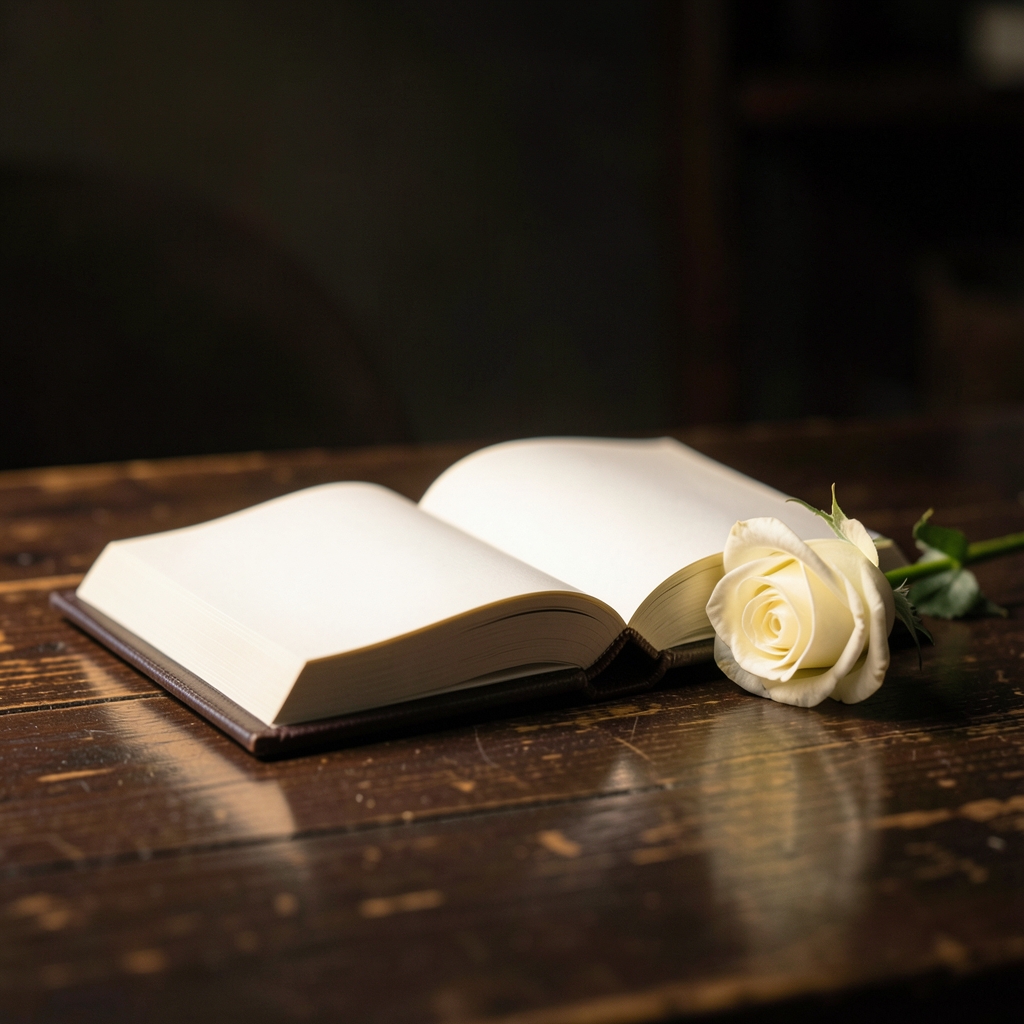 Offenes Buch mit weißer Rose bei Kerzenschein — Trauerliteratur